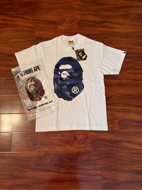 Bape White Tee with Blue Camo Ape Head
